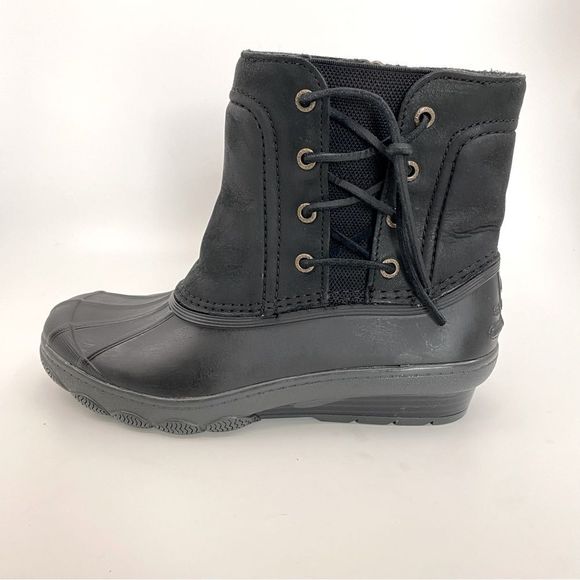 Sperry Saltwater Wedge Black Leather Quarter Duck Boots Color Black SZ 7 - Picture 6 of 12